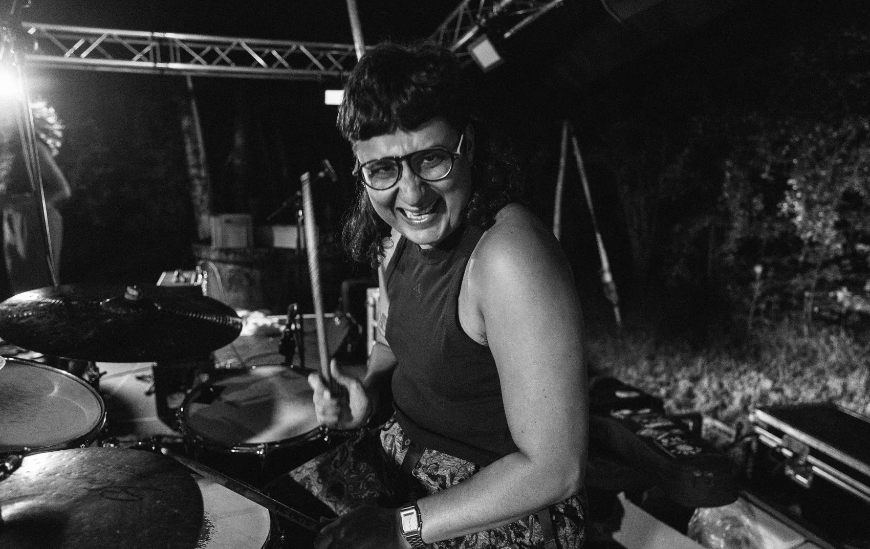 Black and white portrait of a Hazeavot musician backstage