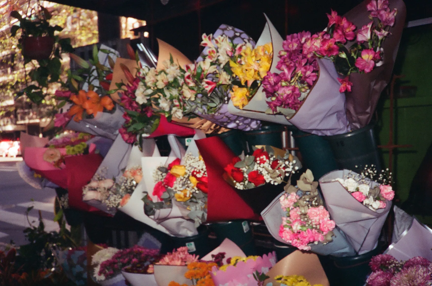 A flower market in Argentina photographed on 35mm film